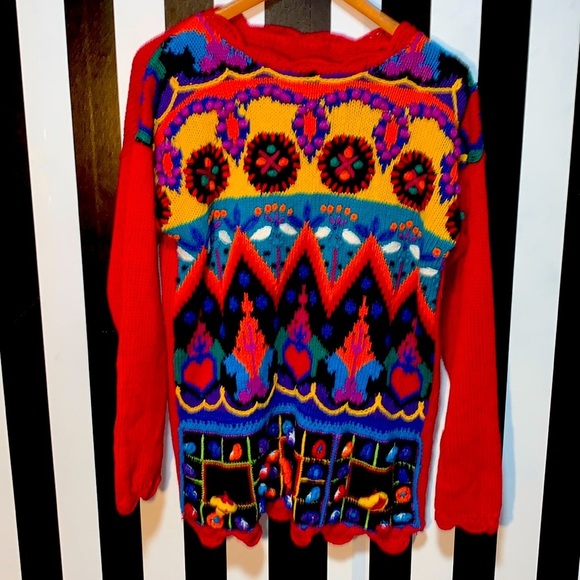 Sweaters - Vintage 90s 3D Knit & Crochet Floral & Hearts Fun Sweater Woman’s Large XL